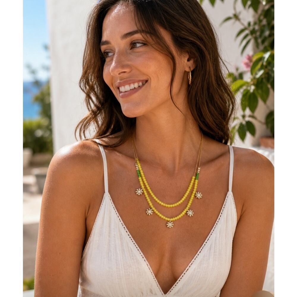 Isaac Mizrahi Gold Yellow Green Beaded Floral Necklace New